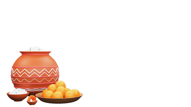 3D Rendering Of Pongal Food In Clay Pots With Indian Sweet Plate, Lit Oil Lamp Element. png