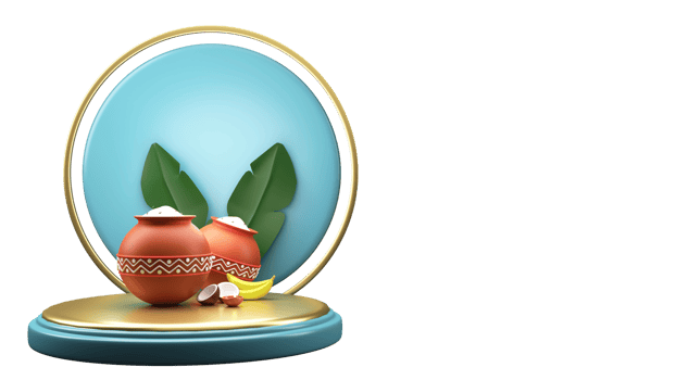 3D Render Pongal Festival Elements Over Podium With Empty Circular Frame In Golden And Light Turquoise Color. png