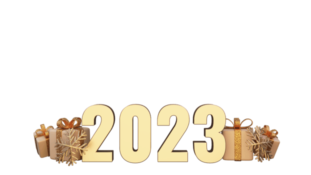 Golden 2023 Number With Glitter Snowflakes, Gift Boxes Element In 3D Render. png