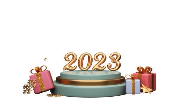 3D Rendering Golden Foil 2023 Number Over Podium With Gift Boxes, Golden Stars, Glitter Snowflakes Over Background. png