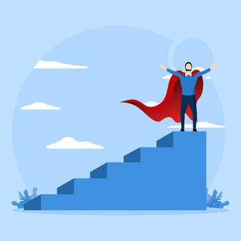 Winner and success concept, Businessman on top of ladder, Superhero man standing proudly on ladder with folded arms. flat design vector illustration on blue background.