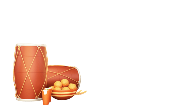 3D Illustration Of Punjabi Festival Elements As Dhol, Indian Sweet Bowl, Wheat Ear, Thandai Glass. png