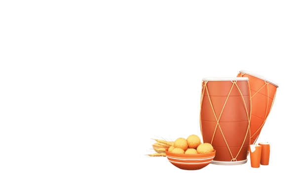 3D Illustration Of Punjabi Festival Elements As Dhol, Indian Sweet Bowl, Wheat Ear, Thandai Glass. png