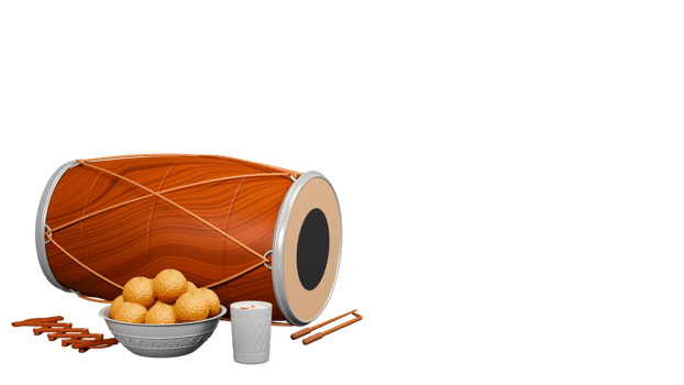 3D Render Of Punjabi Festival Elements Like As Dhol, Sapp Instrument, Thandai Glass And Indian Sweet Bowl. png
