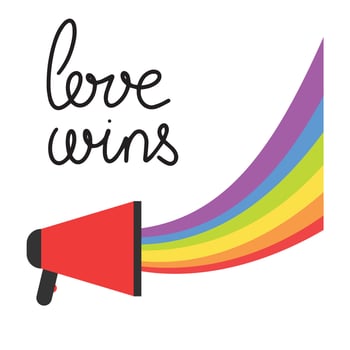 Love wins text. LGBT Pride Logo. Badge Logo with LGBT Rainbow Illustration. Creative Vector Design Element for Pride Month Logo, Square Banner, Social Media Post Template.
