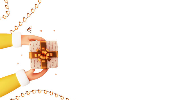 Top View Of Human Hands Holding Gift Box With Golden Berry Stems, Lighting Garland Decorated Background. 3D Render. png