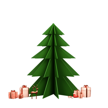 3D Render Of Green Paper Cut Xmas Tree With Reindeer, Gift Boxes, Santa Sock, Candy Cane And House Element. png