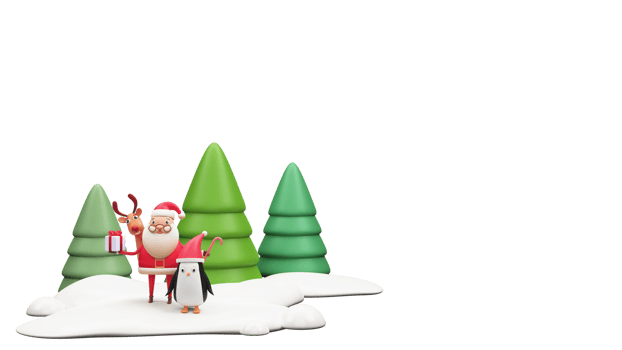 3D Render Of Cute Santa Claus Holding Gift Box With Candy Cane, Reindeer, Penguin Standing And Xmas Trees Over Snow. png