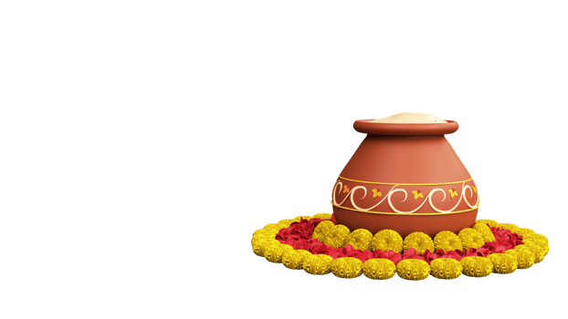 3D Render Clay Pot Full Of Traditional Dish On Floral Rangoli Element. png