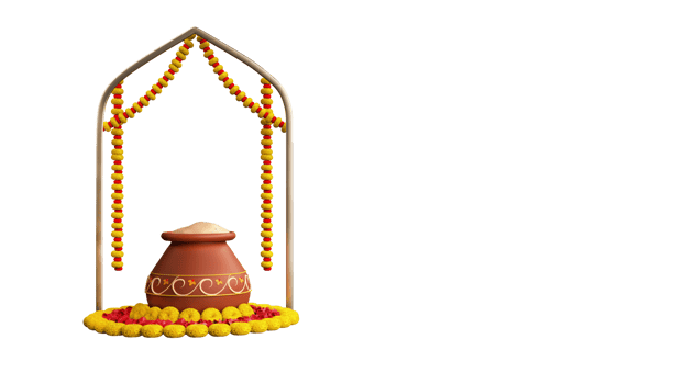 3D Render Clay Pot Full Of Traditional Dish Over Floral Rangoli And Arch Frame Element. png