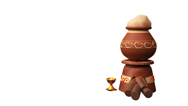 3D Render Of Food Cooking In Clay Pot On Wood Stove With Lit Oil Lamp Element. png