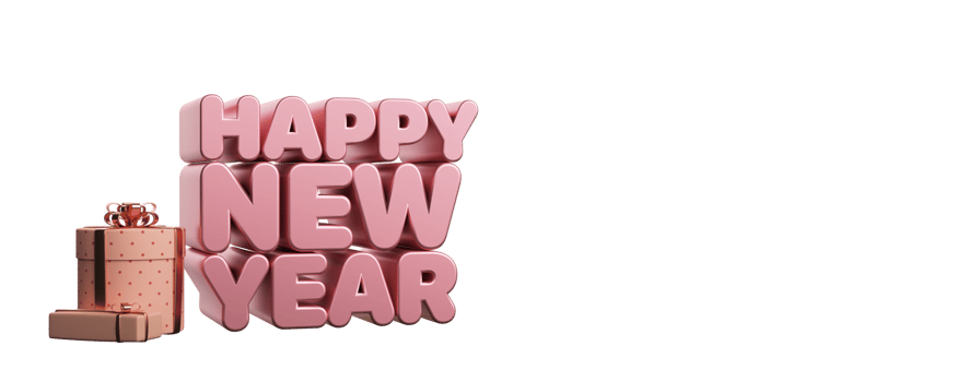 3D Render Happy New Year Text With Realistic Gift Boxes Against Background. png