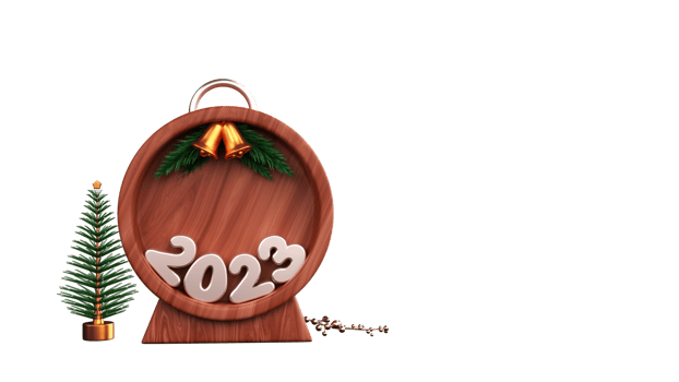 3D Render Of 2023 Number In Plank Round Frame Stand With Golden Jingle Bells, Fir Leaves, Berry Stem And Xmas Or Spruce Tree. png