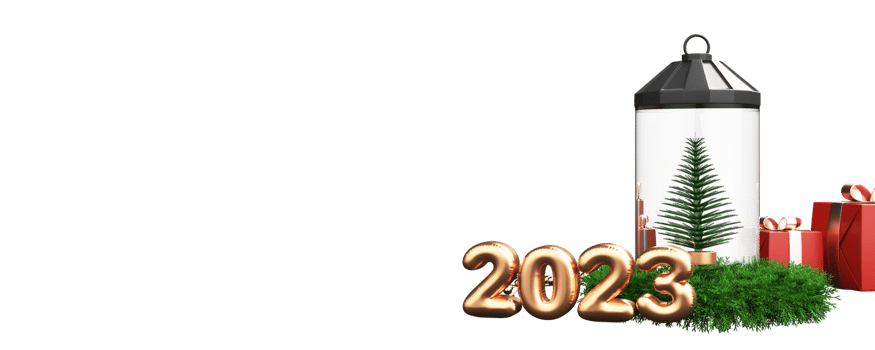 3D Render Of Bronze Foil 2023 Number With Xmas Tree Inside Lantern, Gift Boxes And Green Tinsel Element. png