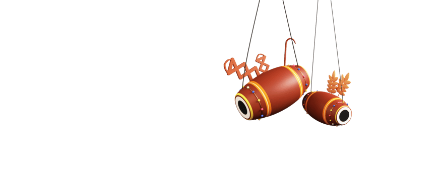 3D Render Of Punjabi Festival Element As Hanging Dhol, Bhangra Khunda, Sapp Instrument, Wheat Ear Against Background. png