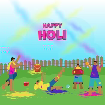 Holi Celebration Background With Cartoon Young Men And Women Enjoying Festival In Colorful Costume. vector