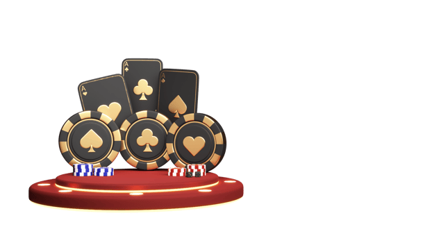 3D Render Casino Chips With Playing Cards On Marquee Red Round Podium Element. png