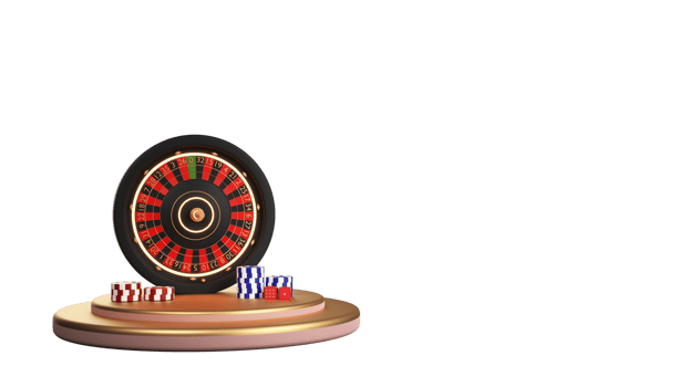3D Rendering Roulette Wheel With Casino Chips, Dices Over Golden Circular Podium. png