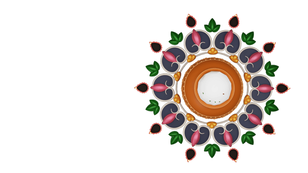 Top View Of Pongali Rice In Clay Pot Over Kolam Decorated By Lit Oil Lamps In 3D Render. png