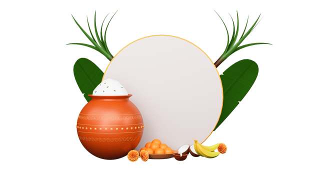 3D Render Of Pongal Festival Elements With Empty Circular Frame For Message. png