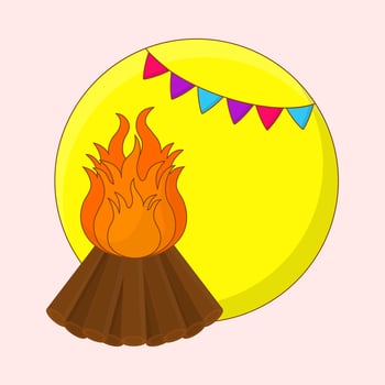 Burning Wood With String Flag Hang Yellow Blank Circle Frame On Pink Background. vector