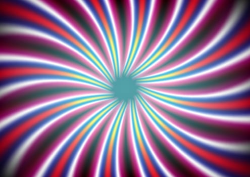 Abstract swirling radial pattern background of pink, yellow, red and green stripes. Helix sunburst vector background