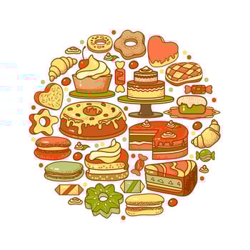 Sweets, biscuits, confectionery, and bakery. Circle form vector illustration.