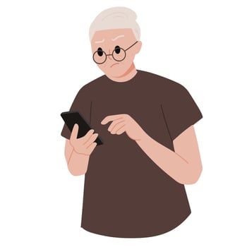 Elder man using smartphone grand father white hair illustration vector