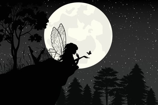 cute fairy and moon silhouette illustration graphic vector