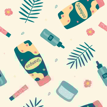 Seamless pattern with shampoo, body oil, eye cream. Cosmetics for home and bathroom. Flat vector illustration.
