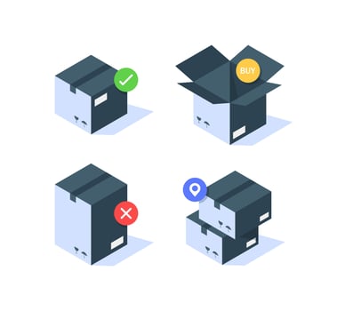 Delivery box, tracking order icon. Cardboard boxes with wrong and right check marks. Parcel, package on isolated background vector