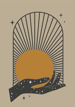 Magic hand holding sun witchcraft poster illustration. Vintage mystical style for tarot card. Astrology, heavenly boho design. Sun with stars vector