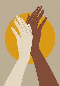 Sun with lovely hands silhouette poster illustration. Multiethnic love postcard minimalist vector illustration. Aesthetic sunlight and midnight print bohemian artwork, vector