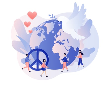 Globe, white pigeon and hippie sign as a peace symbol. World Peace Day. Tiny people live in love, calm and harmony. Modern flat cartoon style. Vector illustration on white background