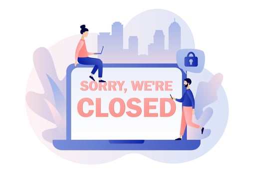 Sorry we are closed - big sign on laptop screen. Closed establishments, cafe, shop, store, salon through bankrupt, crisis, quarantine, pandemic. Modern flat cartoon style. Vector illustration