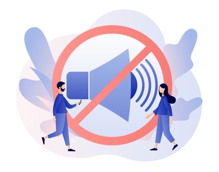 No sound, Stop noise big sign and tiny people. Quiet zone concept. Volume off or mute mode sign. Modern flat cartoon style. Vector illustration on white background