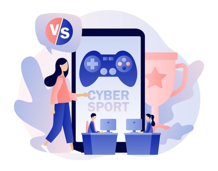 E-sport and cybersport concept. Professional gamers at video game online tournament competing for trophy and tiny girl. Modern flat cartoon style. Vector illustration on white background