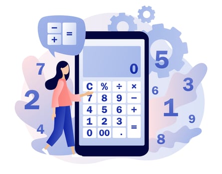 Calculator app. Tiny people with calculating. Accounting, financial analytics, budget calculation, bookkeeping, audit debit and credit calculations. Modern flat cartoon style. Vector illustration