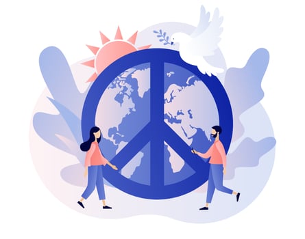 World Peace Day. Tiny people live in love, calm and harmony. Globe, white pigeon and hippie sign as a peace symbol. Modern flat cartoon style. Vector illustration on white background