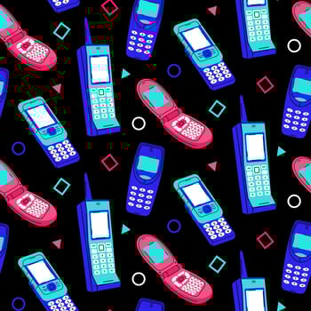 Colorful trendy seamless pattern with 90s-00s phones on black background. vector
