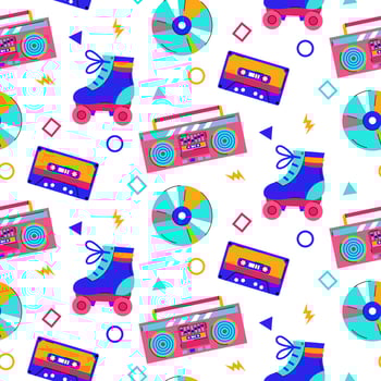 Colorful trendy seamless pattern with 80s-90s elements on white background. vector