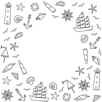 Sea set of elements, doodle icons of sea life. Ship telescope shells, lifebuoy anchor steering wheel bull, lighthouse and seagulls. Vector illustration, symbols of sailors or pirates.