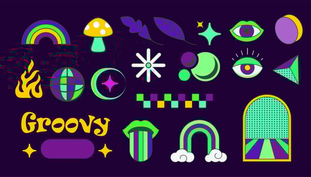 Vector set of 70s psychedelic clipart sticker . Retro graphic elements or Cartoon hippy stickers. Vintage illustrations. hipster abstract artwork.