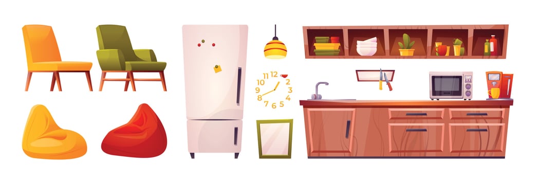 Cartoon set of hostel kitchen furniture on white vector