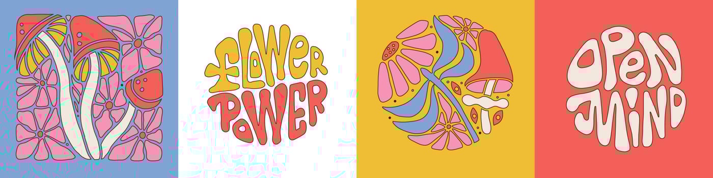 Set of groovy posters with mushrooms, flowers and lettering quotes - Flower power, Open mind. Retro postcards in 70s. Hippie psychedelic style. Trendy vector illustrations.