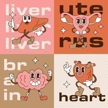 Kids care clinic posters set with trendy retro cartoon funny human body organ characters, 90s Vingage medical background. Child doctor ad poster with brain, heart, liver and uterus. Contour vector. vector