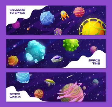 Cartoon galaxy space banners, fantasy alien UFO vector