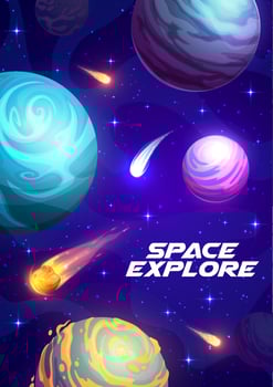 Cartoon space galaxy planets, comets and stars vector
