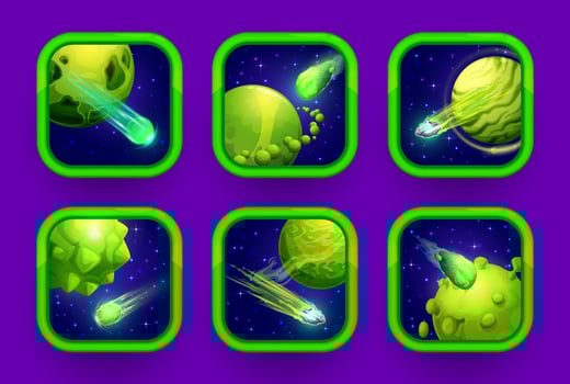 Cartoon space game app icons, green planets, stars vector