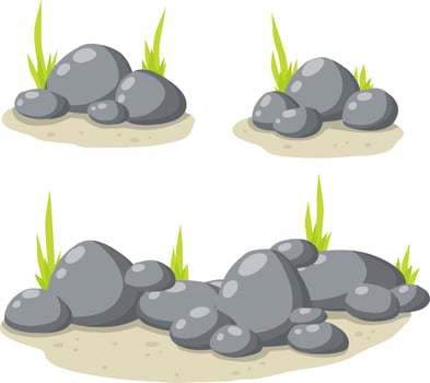 Set of stones for the background. Forest and mountain environment. Gray cobblestone with moss and grass. Granite on white background vector
